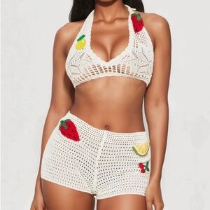 Crochet Halter Top and Shorts Set with Fruit Accents